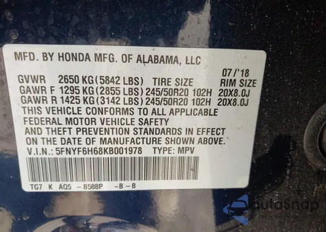 2019 Honda Pilot Touring from USA, damaged, VIN 5FNYF6H68KB001978
